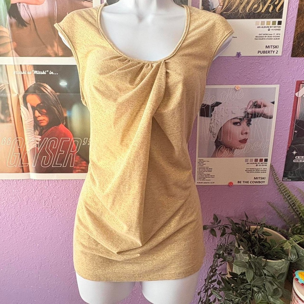 White House Black Market Gold Metallic Draped Top Size XL